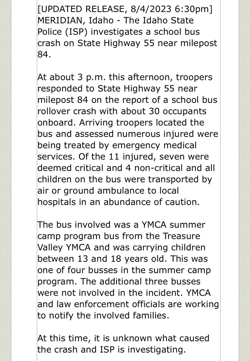 7 teens were critically injured after an Idaho school bus was involved in a rollover crash on a highway. The bus was part of a YMCA camp program.
