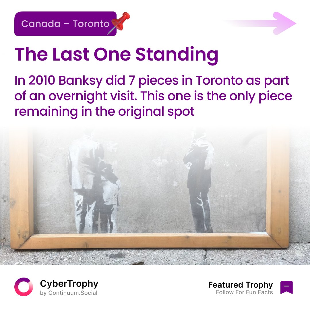 cybertrophy_cs's tweet photo. 🏆 FEATURED TROPHY: 
Banksy Street Art near St. Lawrence Market. 

📲 Download CyberTrophy app 
🌎 Join DISCORD community 
https://t.co/40TJQt17wR

#cybertrophy #featuredtrophy #DidYouKnow #3d #augmentedreality #geocashing #tourism #Wow #Canada #Toronto https://t.co/l9qKZk2mh6