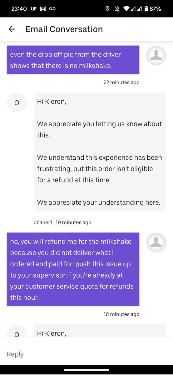 duckyent's tweet photo. @UberEats Why does your customer service refuse to refund me for not receiving part of my order? Even in the driver's own delivered picture you clearly cannot see the item that is missing. Where is the milkshake? Or at least my money back? I can upload all the convo if needed? https://t.co/HWWoDil5dT