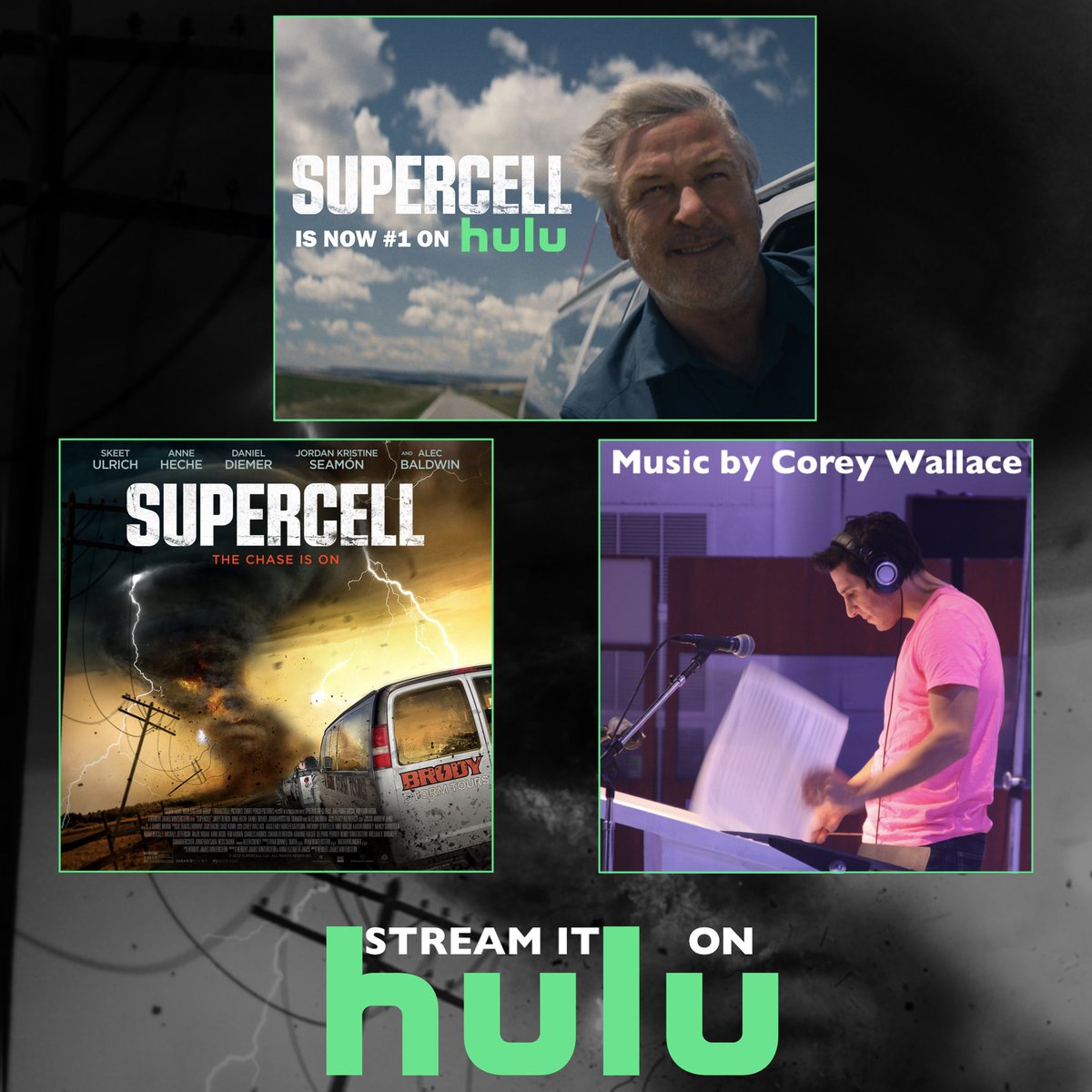 Mgmt_DD's tweet photo. The epic film SUPERCELL is now streaming on @hulu! This action packed family adventure was scored by our client, the versatile Corey Wallace &amp; performed by the Budapest Scoring Orchestra! Starring the late Anne Heche, Skeet Ulrich &amp; Emmy winning actor Alec Baldwin. #nowstreaming https://t.co/f7Ro86luUK