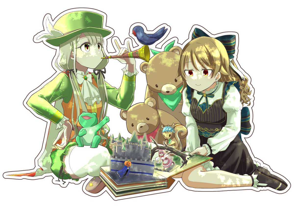morikubo nono multiple girls 2girls stuffed toy stuffed animal sitting hat teddy bear  illustration images