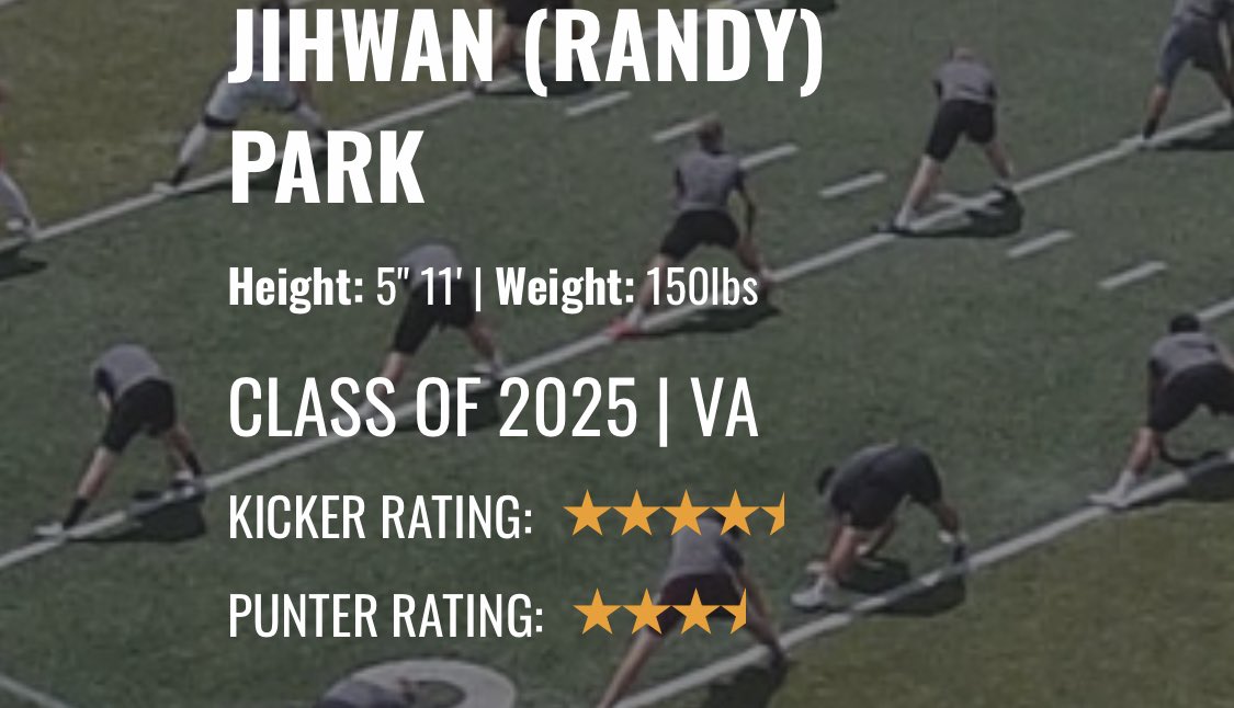 Jihwan (Randy) Park 4.5⭐️ P (@randypark_217) on Twitter photo Blessed to keep my 4.5 ⭐️ in kicking and earn a 3.5 ⭐️ in punting! <a href="/KohlsKicking/">Kohl's Kicking Camps</a> <a href="/GCMsports1/">Marshall HS Athletics</a> <a href="/kirkkicks/">Kirk Maggio</a> <a href="/St_EveRich9/">Steve Richmond</a> @CoachSkiNCSA <a href="/Coach_Radke/">Luke Radke</a> Blessed to keep my 4.5 ⭐️ in kicking and earn a 3.5 ⭐️ in punting! <a href="/KohlsKicking/">Kohl's Kicking Camps</a> <a href="/GCMsports1/">Marshall HS Athletics</a> <a href="/kirkkicks/">Kirk Maggio</a> <a href="/St_EveRich9/">Steve Richmond</a> @CoachSkiNCSA <a href="/Coach_Radke/">Luke Radke</a>