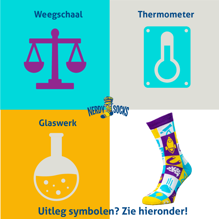 socksnerdy's tweet photo. Uitleg 3 symbolen Science Socks:
Weegschaal: heeft met natuurkundige wetten te maken. In de scheikunde meet je hoeveelheden stof.
Thermometer: Gebruikt bij chemische experimenten.
Glaswerk: Belangrijk in chemische experimenten.
#science #scheikunde #natuurkunde #haarlem #sokken https://t.co/mqjCSuZwiD