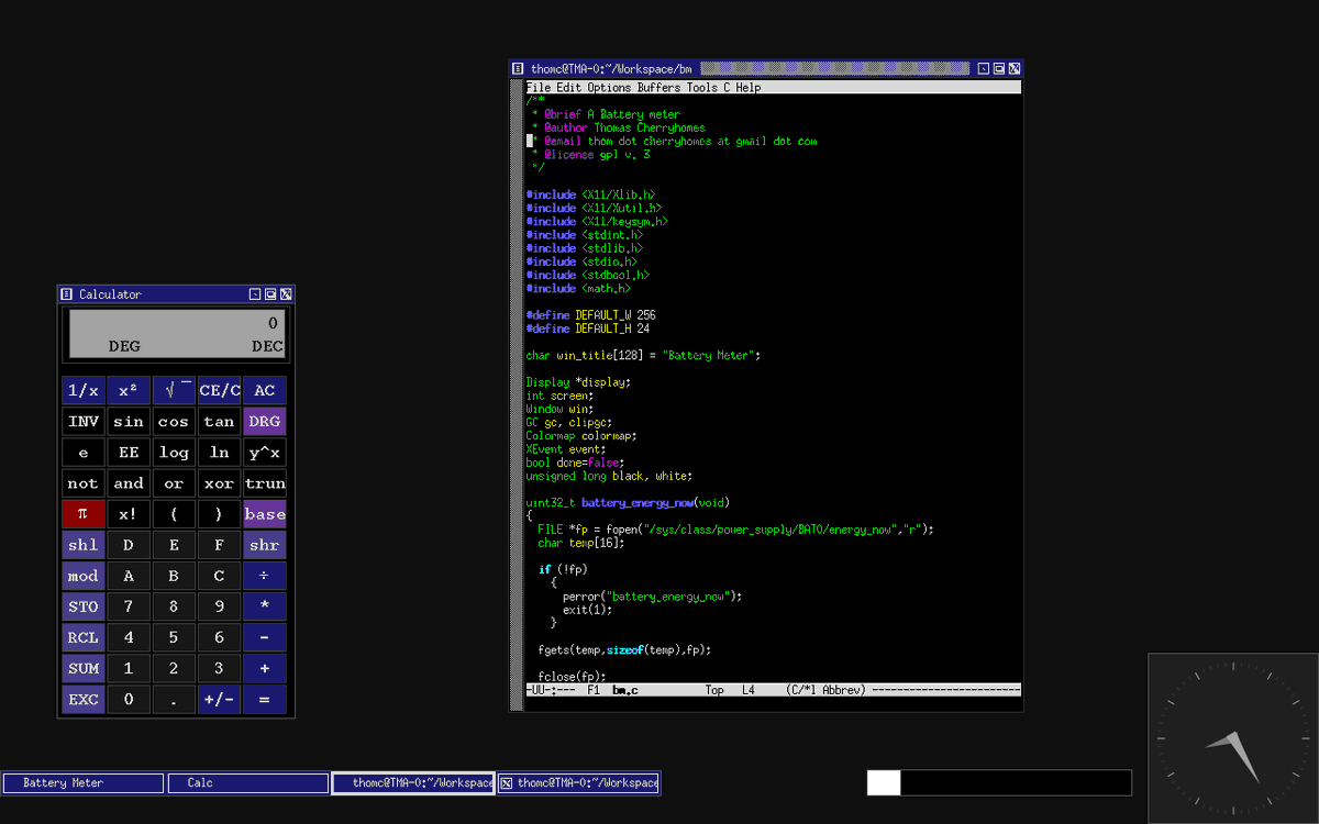 tschak's tweet photo. I needed a battery meter, so I wrote one in plain #X11 using only #xlib. program size? 17.2 kilobytes. #linux program release on github soon. just want to clean it up a bit. https://t.co/Rlql9Zf6XJ