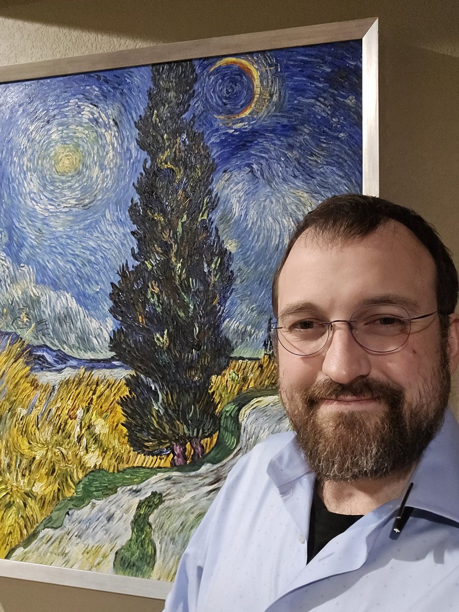 IOHK_Charles's tweet photo. I often get asked about my favorite paintings. For the last few years, the road with Cyprus and Star has really grown on me. It's a lesser known Van Gogh, but I think his best work. 

There is something subtle about the circular motion in a atmospheric sea. It's impossible to know if it's day or night. Just a magical little world that exists beyond a horizon we can reach, yet we sometimes get to see