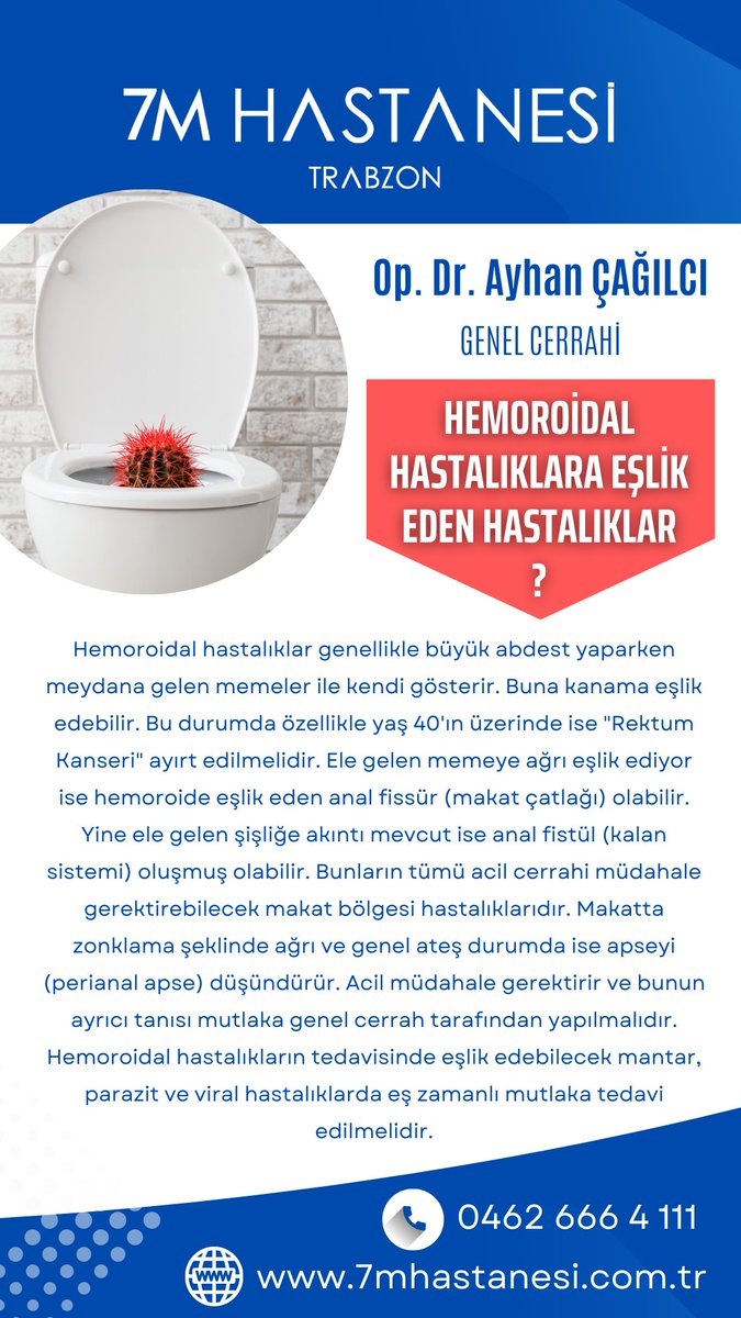🚽 Hemoroidal hastalıklara eşlik eden hastalıklar…

🥼 GENEL CERRAH OP. DR. AYHAN ÇAĞILCI; sizi bilgilendiriyor.  

☎ 0462 666 41 11
📍  Akçaabat / Trabzon

🌐 7mhastanesi.com.tr

#genelcerrah #genelcerrahi #hemoroid #bağsur #akçaabat #ameliyattayız #7mhastanesi