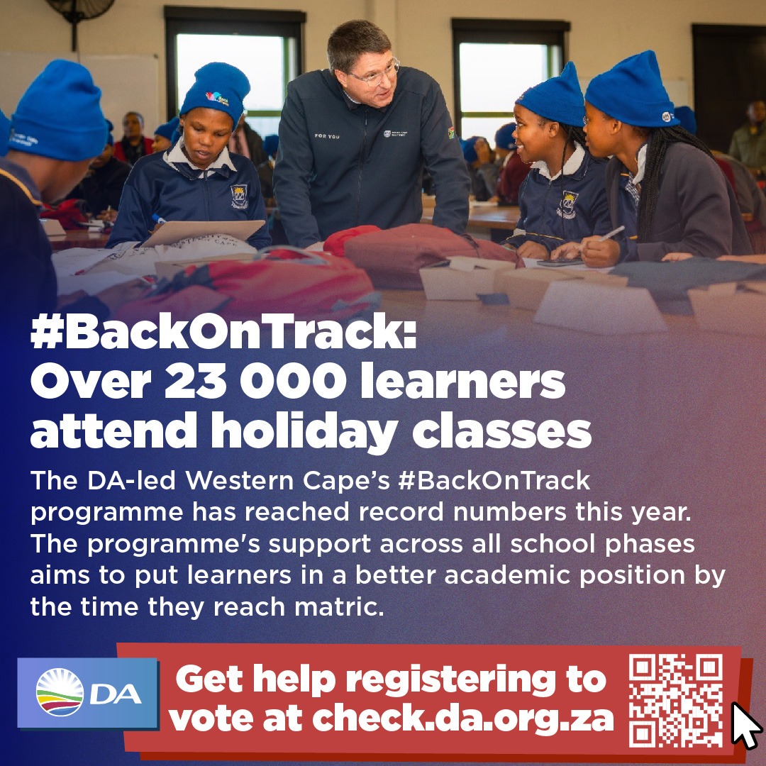 👩‍🏫 The DA-led Western Cape’s #BackOnTrack academic support programme has reached record numbers this year assisting over 23 000 learners! The programme expanded support to other key grades, ensuring students are prepared for matric. Education paves the way for a better future.