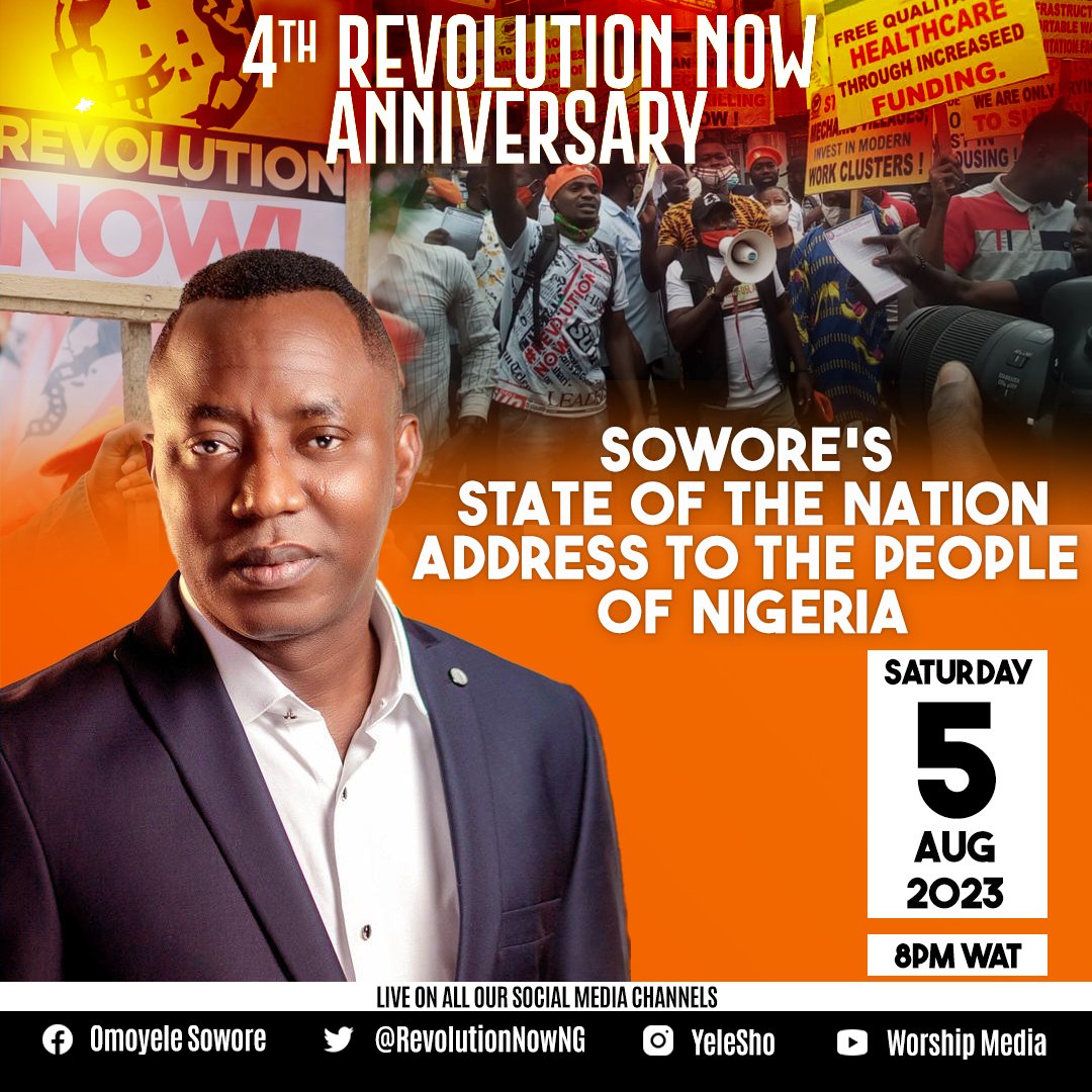 AyowoleSanyaolu's tweet photo. Against the background of the unfortunate development in Niger, Nigeria does not need a coup to upstage civilian dictatorship, what we need is a people's revolution. This is what @sowore will be addressing tonight at 8 PM WAT. Stay tuned. #RevolutionNow https://t.co/8RZ6vKL6q5