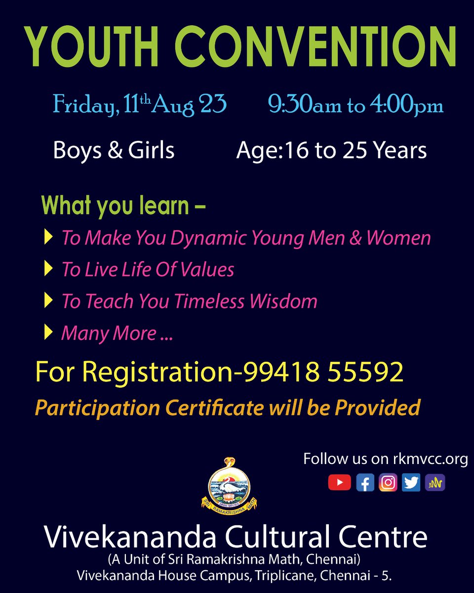 Youth Convention Life skills Program - 2023

#vcc #vccchennai #youthconvention 
#vccprograms #lifeskillsprogram #vivekanandarillam #vivekanandaculturalcentre