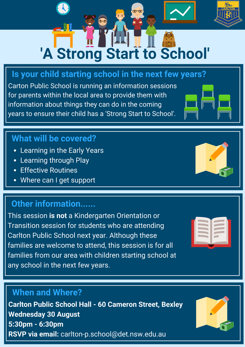 Please see information below. The session IS NOT designed just for parents who may be sending their child to Carlton PS.
They are welcome , but it is for families with children starting at any school in 2024, 2025 and beyond.
<a href="/NSWEducation/">NSW Dept of Education</a>