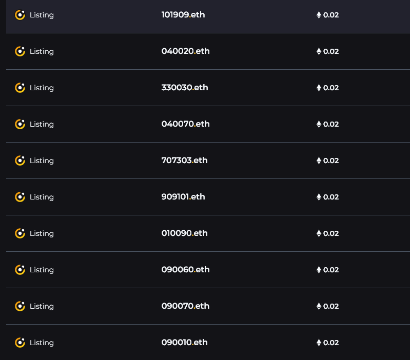 abreskiz's tweet photo. Listed a few more clean pattern 6 digit #ENS for .02 or close.
Find them all on @ensvision
Few gone already. Lot's of 0's, mainly just 2 distinct digits.
#ENSNames #ensdomains #Eth #6digit https://t.co/bwtGjmkYmO