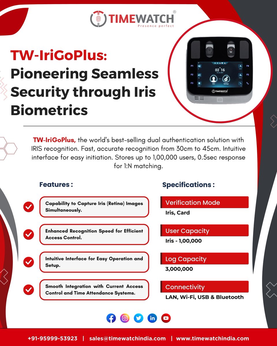 timewatchbiome's tweet photo. TW-IriGoPlus: Pioneering Seamless Security through Iris Biometrics | TimeWatch
Contact us for more information
https://t.co/yR4mti0rAa
sales@timewatchindia.com
+91-9599953923
#TimeWatch #AttendacneSystem #AttendanceMachine #IrisAttendanceSystem #Marketing #indiatoday https://t.co/Ci5q0t5MPS