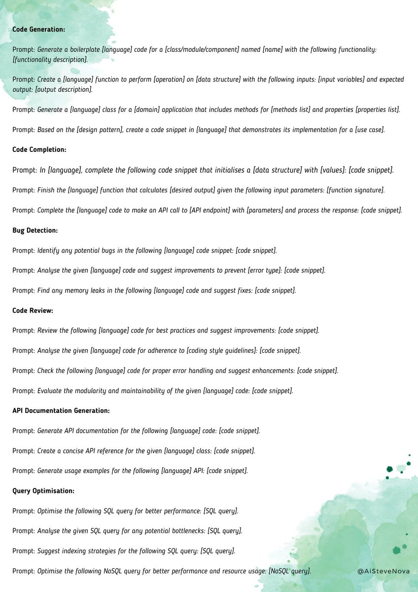AiSteveNova's tweet image. 🚀 Dive into Software Dev Excellence!
1st batch of 21 Proven ChatGPT Prompts Tailored for Coders.
Elevate Your Coding Journey Today! 💻🔥
#CodingExcellence #ProvenPrompts
(refer 👇 )