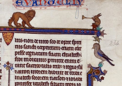 #miniatura con un leone, un coniglio con tromba e un uccello appollaiato sul bordo del foglio, tratta dal #manoscritto Royal 3 D VI folio 234 #BritishLibrary #medioevo #medievale #middleage #mittelalter #moyenage #FestivaldelMedioevo #FdM2023 #animali