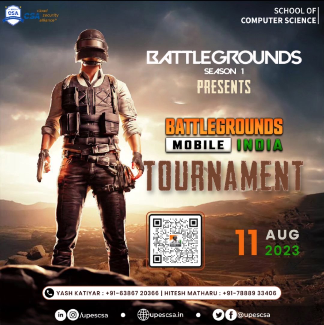upescsa's tweet photo. 🎮 Ready to conquer the virtual realm? Join us for an electrifying gaming journey at Battlegrounds - Season 1! UPES-CSA presents an experience that ignites the spirit of gaming . Dive into BGMI, Valorant, and Clash of Clans. Be part of the gaming revolution! #gaming #GamingZone https://t.co/EXW2AIJoWh