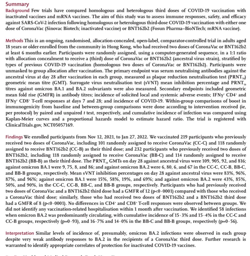 New research article> Comparative antibody and cell-mediated immune responses, reactogenicity, and efficacy of homologous and heterologous boosting with CoronaVac and BNT162b2 (Cobovax): an open-label, randomised trial thelancet.com/journals/lanmi… #COVID19