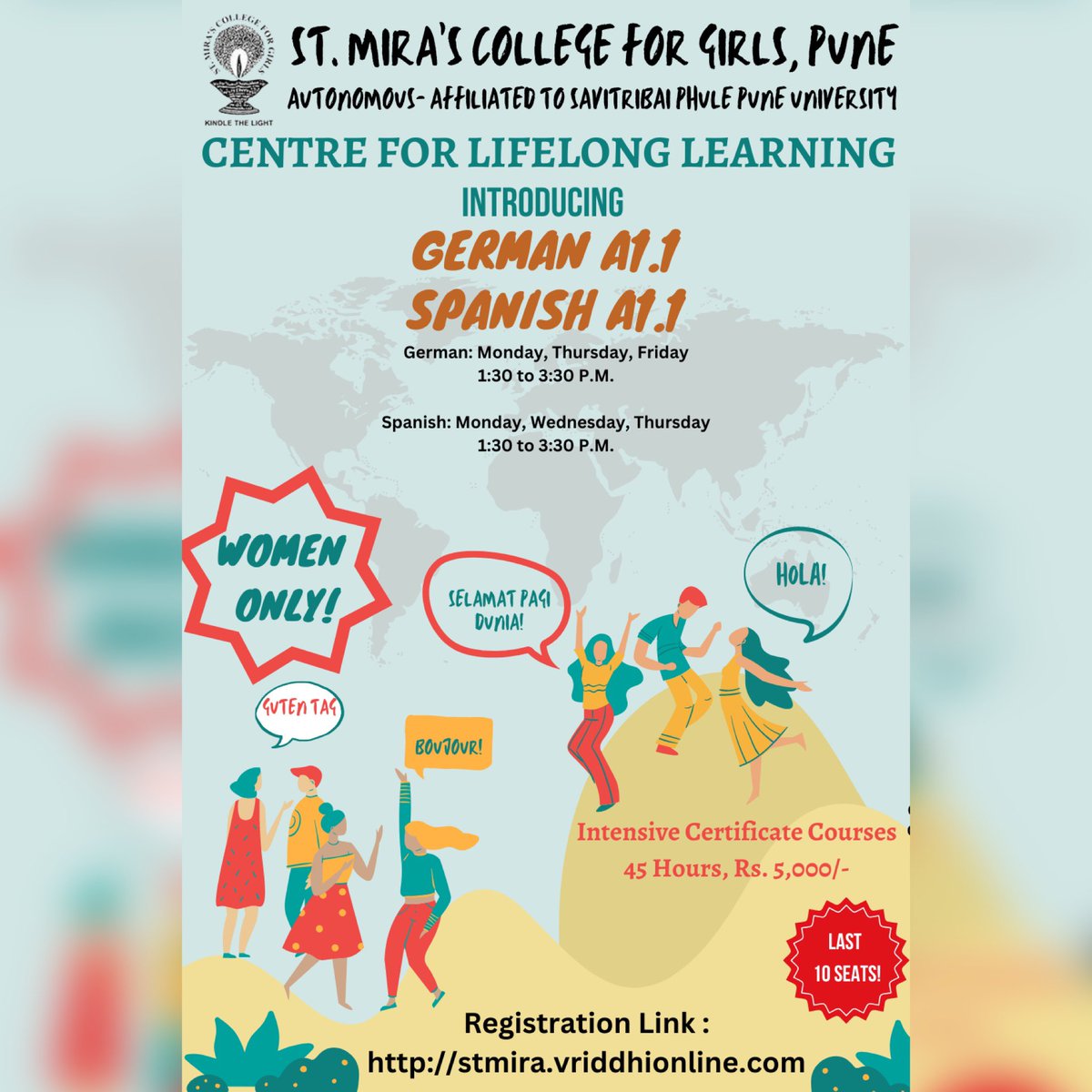 StMirasCollege's tweet photo. Registration link:
https://t.co/Jr8xUnywSp
This course is open to all women. Applicants must register on the above-mentioned link. 
Office Timings: Monday to Friday: 9:00 am – 4.00 pm.
Saturday: 9.00 am – 1.00 pm
#foreignlanguage #languageschool #languagestudy #languagelover https://t.co/IWMQJIZwl1