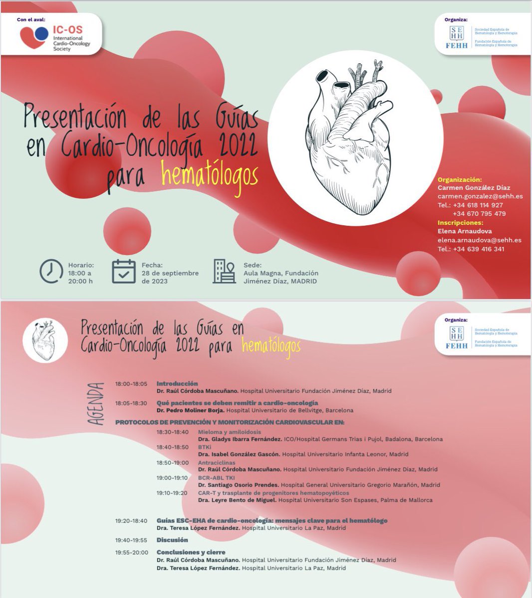 HematICO_Hosp's tweet photo. Presentación de las Guías @ESC_Journals 2022 de Cardio-Oncología para Hematólogos
🩸 @sehh_es @ICOSociety 🫀

Con la participación de @PeterMoliner @HHospitalet @hbellvitge 

📆 28/09/2023
🕕 06:00pm 
📍 Aula Magna @Hospital_FJD 

Inscripciones: elena.arnaudova@sehh.es https://t.co/r2siTHO6Nf