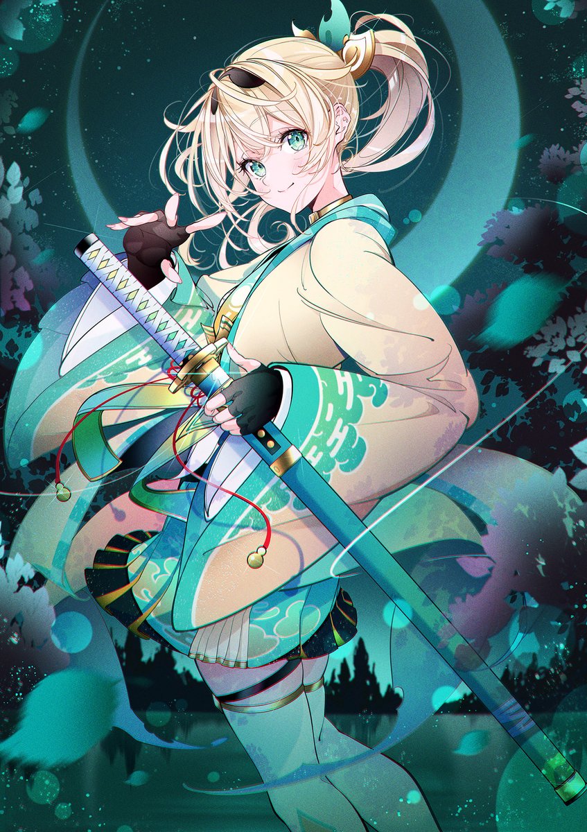 kazama iroha 1girl weapon sword blonde hair fingerless gloves solo gloves  illustration images