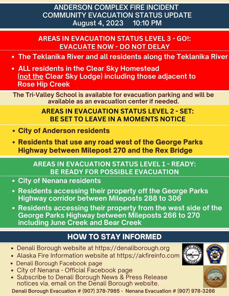 AK_Forestry's tweet photo. Community evacuation status update issued Friday night by #DenaliBorough due to #AndersonComplex fires. #2023AlaskaFireSeason https://t.co/Ln2wBrBilW