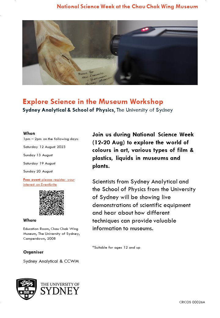 LLeungg's tweet photo. Curious about how #science can be used in #museums? #SydneyAnalytical &amp; @sydney_physics will be running #weekend workshops @ccwm_sydney for #ScienceWeek @Aus_ScienceWeek 
Register: https://t.co/GQSBvVmnrN
@Sydney_CRF @Sydney_Science @GLAMatSydney @ArtSS_Sydney @InspiringNsw https://t.co/StYcDhpz9X