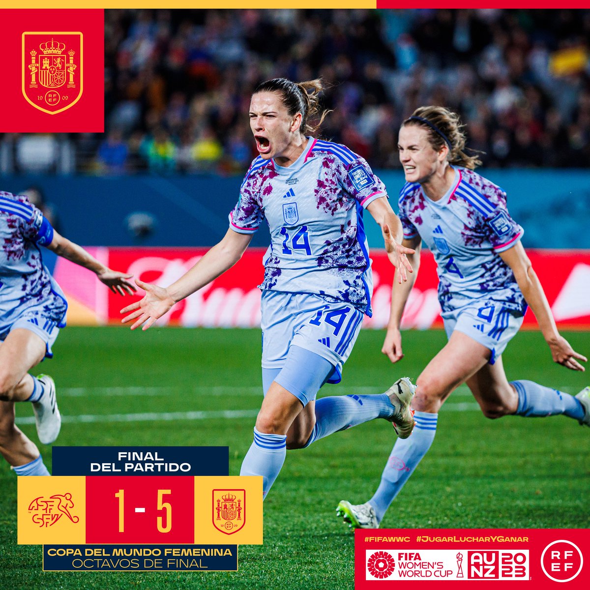 🤩 ¡¡𝗙𝗜𝗡𝗔𝗟 𝗗𝗘𝗟 𝗣𝗔𝗥𝗧𝗜𝗗𝗢!!

🙌 PRIMERA VEZ EN LA HISTORIA QUE SUPERAMOS UNA ELIMINATORIA EN UN MUNDIAL.

España ha vencido a Suiza por 1 a 5.

🆚 #SUI - #ESP I 1-5 

#JugarLucharYGanar I  #FIFAWWC