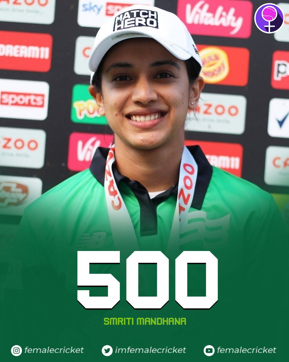 imfemalecricket's tweet photo. 🚨 Milestone Alert 🚨

Smriti Mandhana becomes the 1st player to score 500 Runs in Women's Hundred.

What a player 🙌🏻

#CricketTwitter #TheHundred
