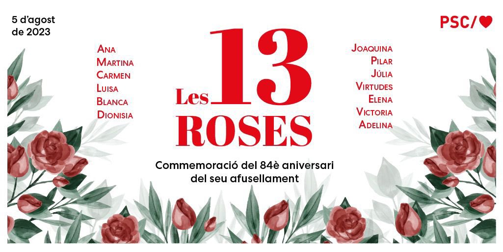 🌹 Ana
🌹 Martina
🌹 Carmen
🌹 Luisa
🌹 Blanca
🌹 Dionisia
🌹 Joaquina
🌹 Pilar
🌹 Júlia
🌹 Virtudes
🌹 Elena
🌹 Victoria
🌹 Adelina 

Que els noms de les #13Rosas no s'esborrin mai de la història.