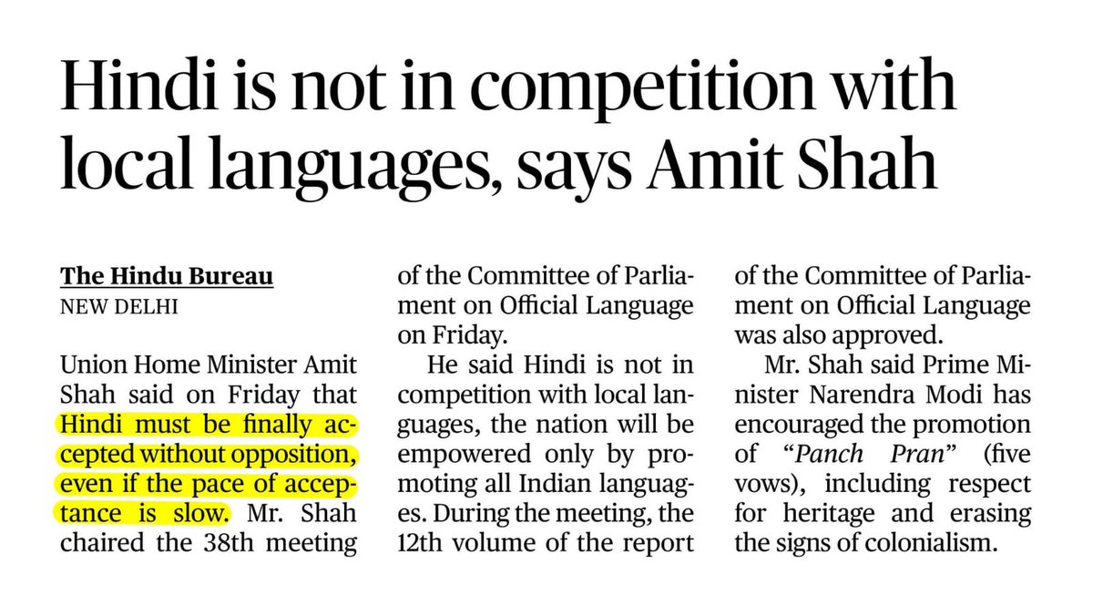 #AmitShah you can create a separate land & make Hindi as its national language.If you want 🇮🇳 to be united it'll not have any national language.Whether you want slow or fast is your problem,but our view is clear. We respect Hindi but #HindiImposition will face tough resistance.