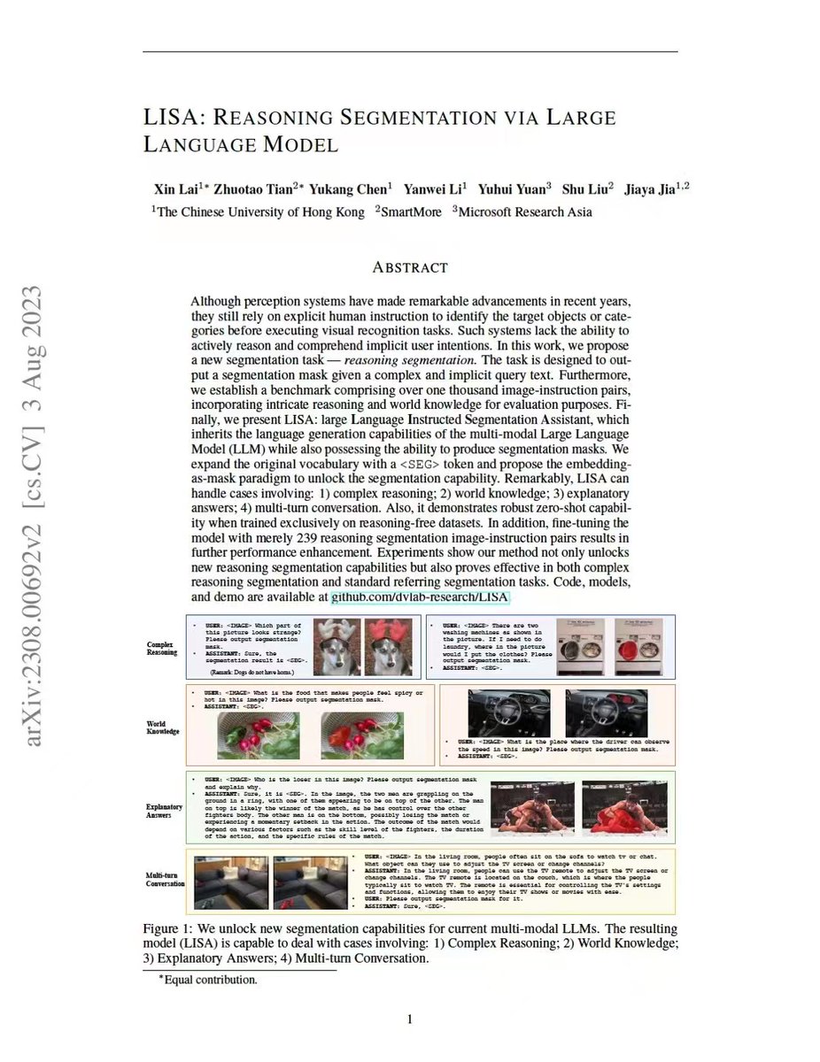 Excited to share our latest work on LLM for segmentation🍻 The proposed large Language Instructed Segmentation Assistant (LISA) can combine LLM with any other vision model (SAM).🤗

Paper: arxiv.org/abs/2308.00692
Code: github.com/dvlab-research…
Demo: http://103.170.5.190:7860/