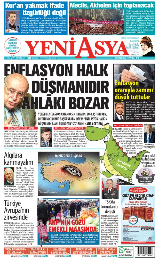 gulecyuzk's tweet photo. 5 Ağustos 2023 tarihli Yeni Asya'nın 1. sayfası https://t.co/t2yr0LADul