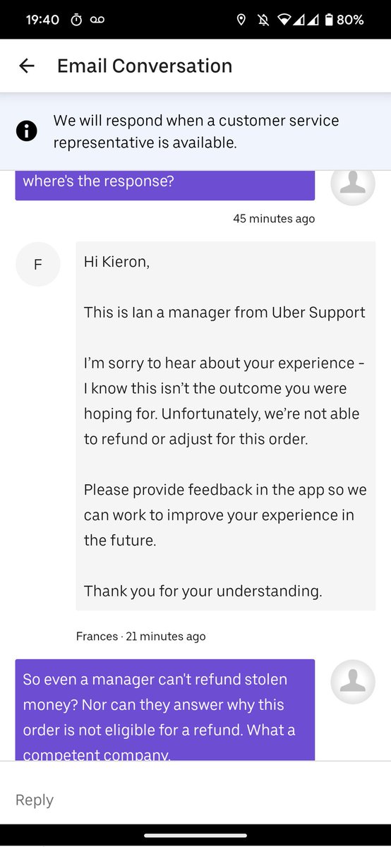 duckyent's tweet photo. @Uber_Support And this is how the @UberEats Management responds apparently, without saying why the order is not eligible, even though a missing item should ALWAYS be eligible for refund. https://t.co/BvwV1fFo6O