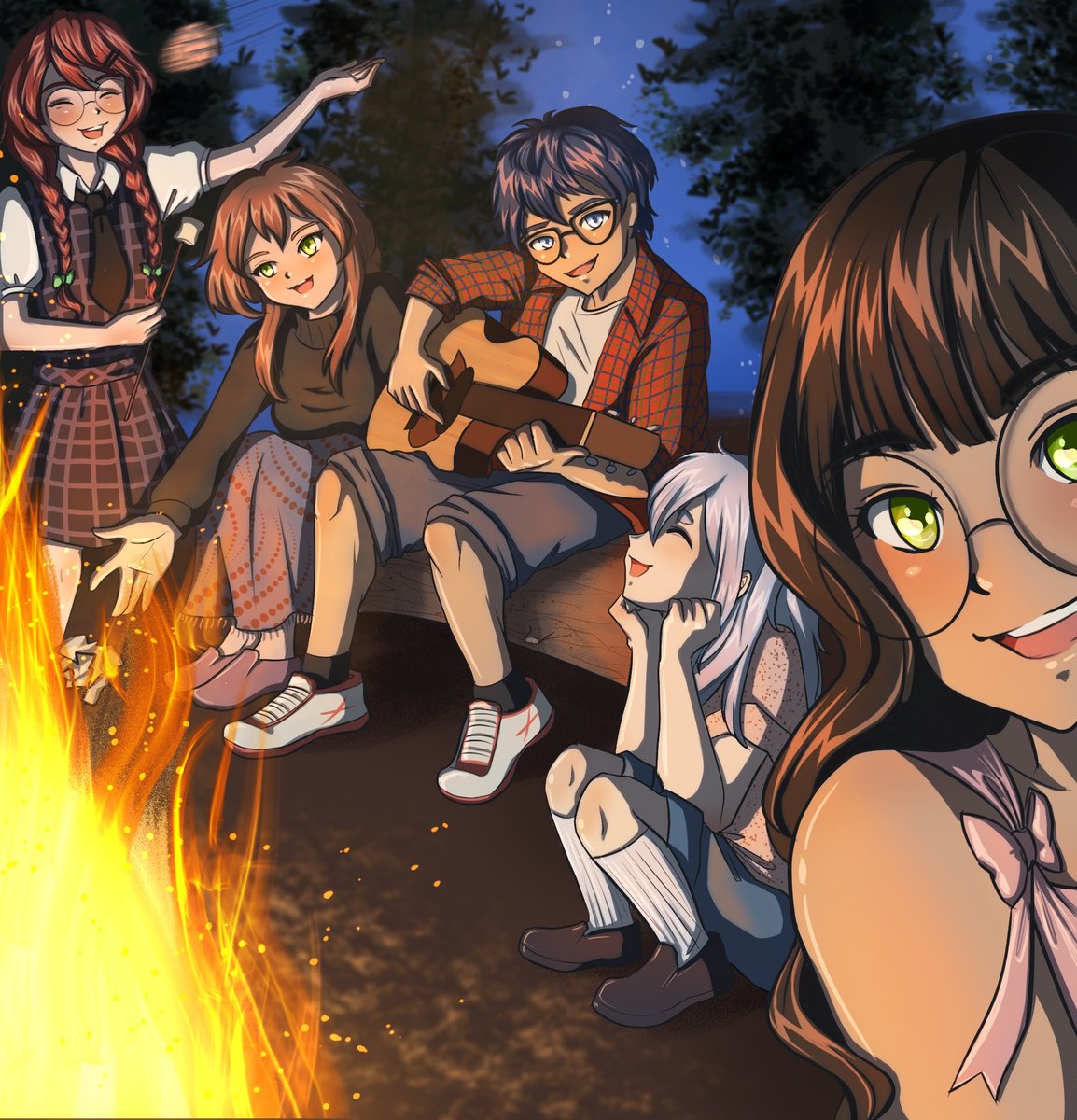 CRC_Peterson's tweet photo. Well... Emy did ask. 
Here's everyone's gathered around the fire listening to Owen play his guitar. Owen's playing the song he promised to play for @OEC_Yui . And @EmOtsoko_CRC is throwing a bunch of papers into the fire! 
-Liliana https://t.co/WP80hcn1Ye
