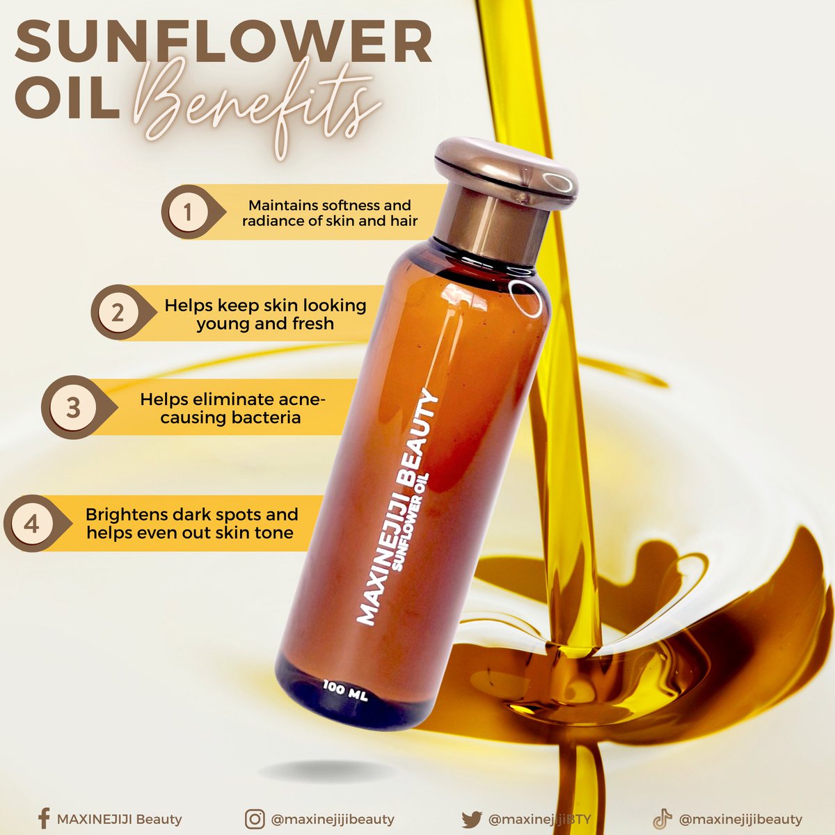 maxinejijiBTY's tweet photo. Hydrates your skin and even out your skin tone in just 14 days with our Sunflower Oil ✨ It is packed with Vitamins A and E, and helps prevent damage to skin. 🥰 Effective and affordable! 💕

#BeautyWithoutLimits
#MAXINEJIJIBeauty https://t.co/ra3WUliDJw