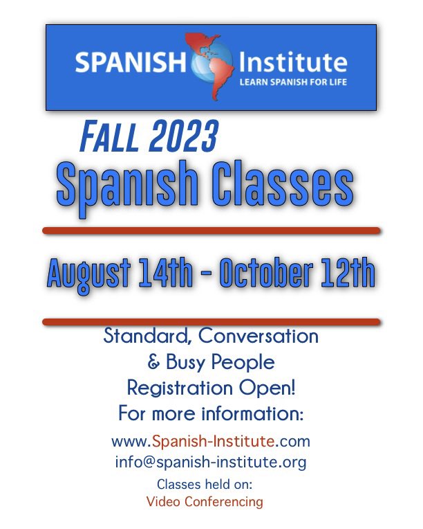 Spanish_Inst's tweet photo. Learn Spanish for Life with Spanish Institute!
Fall Spanish Class Registration has changed!!!

Starting August 14th to October 12th, 2023.

*Classes held via Video Conferencing, based in Mountain Time Zone!

Click to register: https://t.co/GIdHpW2GTN https://t.co/DjYZQC8LvU