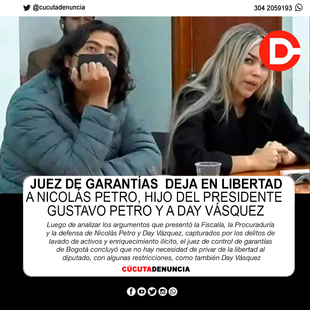 #NicolásPetro #04Ago

Juez de Garantías deja en libertad a Nicolás Petro, hijo del presidente Gustavo Petro y a  Day Vásquez

La decisión de un juez de control de garantías advirtió que no se logró demostrar la necesidad de restringir la libertad del diputado