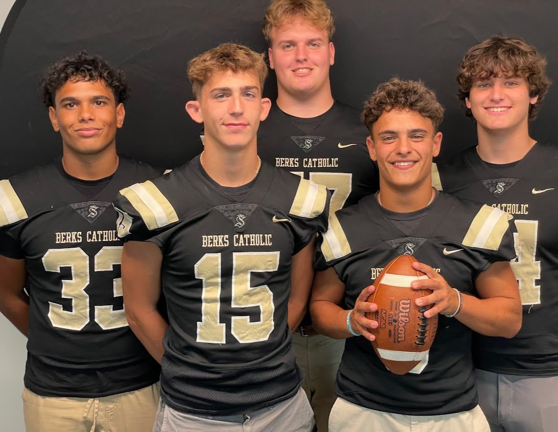 Berks Catholic Saints at LL Media Day, from left: Devin Garcia, Connor Pennington, Joey Polinsky, Will Hess and Luke Impellizzeri. <a href="/devin_garcia33/">Devin Garcia</a> <a href="/BerksCatholicFB/">BC FOOTBALL</a> <a href="/BerksCatholic/">Berks Catholic</a>  <a href="/bc_saints/">Saints Football</a> <a href="/MrStahlerBC/">David Stahler</a> <a href="/BCsaints2020/">BC ‘20</a> <a href="/William_5Hess/">William Hess</a> <a href="/JoeyPolinsky/">Joey Polinsky</a> <a href="/cmpennington_/">Connor Pennington</a> #mikedragosports
