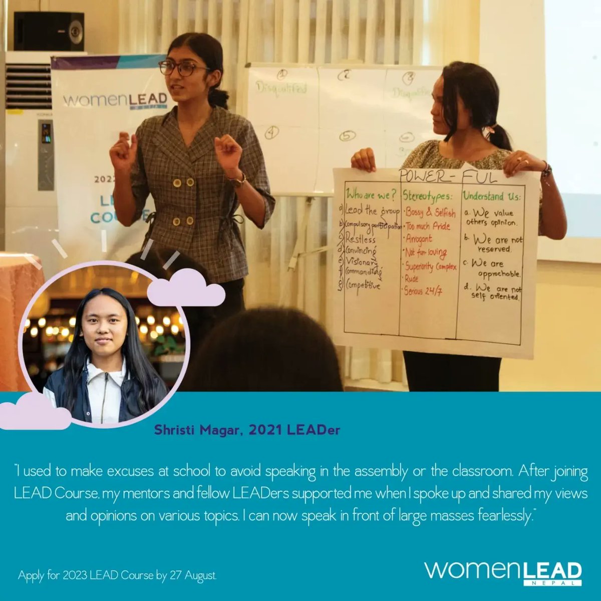 womenLEADnepal's tweet photo. Alumni Testimonial! 

If you are a young woman entering class 12 this year, apply to be a part of the LEAD Course today! The application deadline is Sunday, 27 August 2023. 

APPLY HERE: https://t.co/HmbKHDicHL 

#JoinWLEAD #LEAD2023 https://t.co/ukpEE8Pqdi https://t.co/5C0E7DA6nG