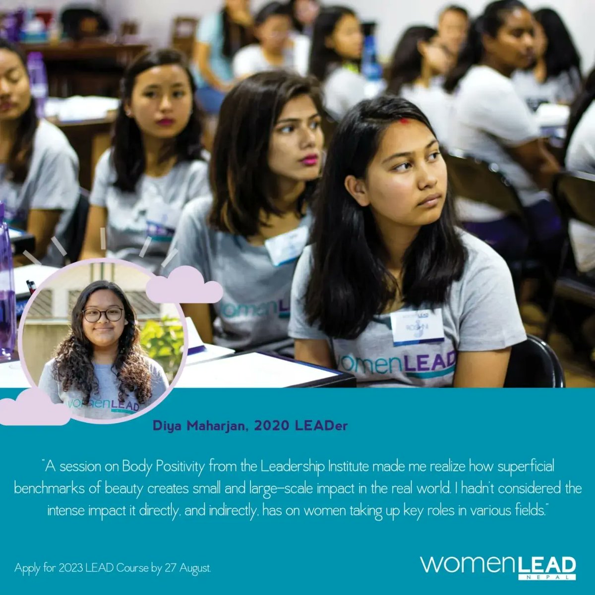 womenLEADnepal's tweet photo. Alumni Testimonial! 

If you are a young woman entering class 12 this year, apply to be a part of the LEAD Course today! The application deadline is Sunday, 27 August 2023. 

APPLY HERE: https://t.co/HmbKHDicHL 

#JoinWLEAD #LEAD2023 https://t.co/ukpEE8Pqdi https://t.co/5C0E7DA6nG