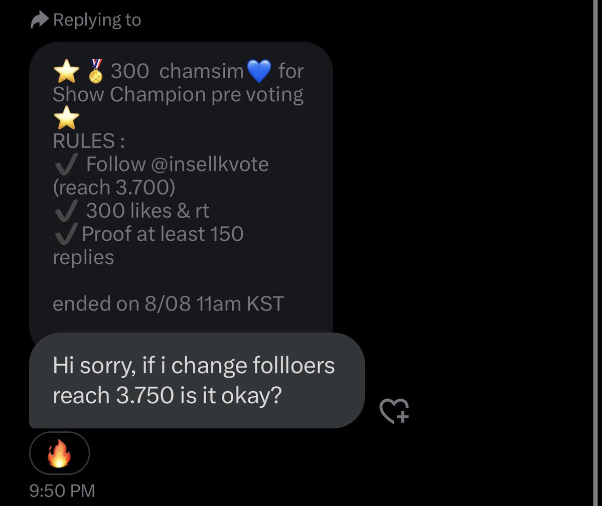 myitzy1's tweet photo. DEAL FOR ITZY

⭐🏅300  chamsim💙 for Show Champion pre voting ⭐ 
RULES :
✔️ Follow @insellkvote (reach 3.750)
✔️ 300 likes &amp; rt 
✔️Proof at least 150 replies

ended on 8/08 11am KST https://t.co/h1vAsOhQc5