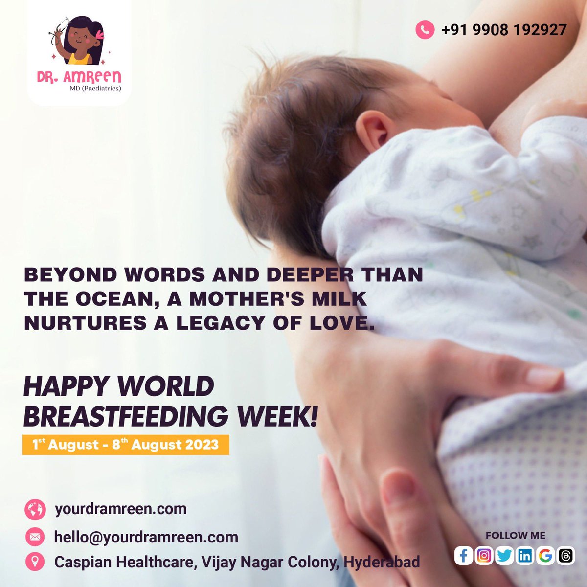 YourDrAmreen's tweet photo. Celebrate #WorldBreastfeedingWeek with a heart full of purpose, as we empower our children with the essence of life!

📞 Call +91-9908192927 to schedule a consultation with me, Dr. Amreen, at @caspianhealthcare and prioritize your child's well-being.

#DrAmreen #CaspianHealthcare https://t.co/9kBs9yV0Se