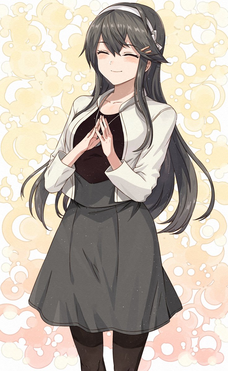 haruna (kancolle) 1girl solo long hair skirt pantyhose closed eyes jacket  illustration images