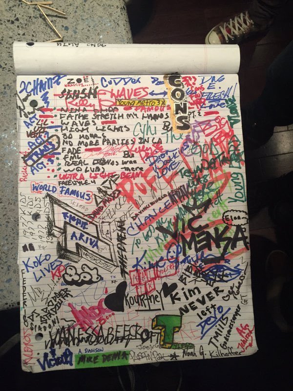 Notepad signed by people in the studio while Kanye West was recording The Life of Pablo