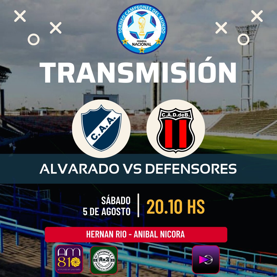 🗓️HOY SÁBADO
⏰20 hs

⚽️#Alvarado🆚#DefensoresDeBelgrano

🎙️Relata: Hernan Rio
🗣️Comenta: Anibal Nicora
📱Vestuarios: <a href="/patogarciarena/">Patricia Garciarena</a> 
🖥️Estudios: Emiliano Carrasco

📱Por <a href="/Relatoresconvos/">® Σ |_ Δ ╥ Φ ® Σ §</a>
📻 En AM 810

👤 <a href="/DanielCacioli/">Daniel Cacioli</a>