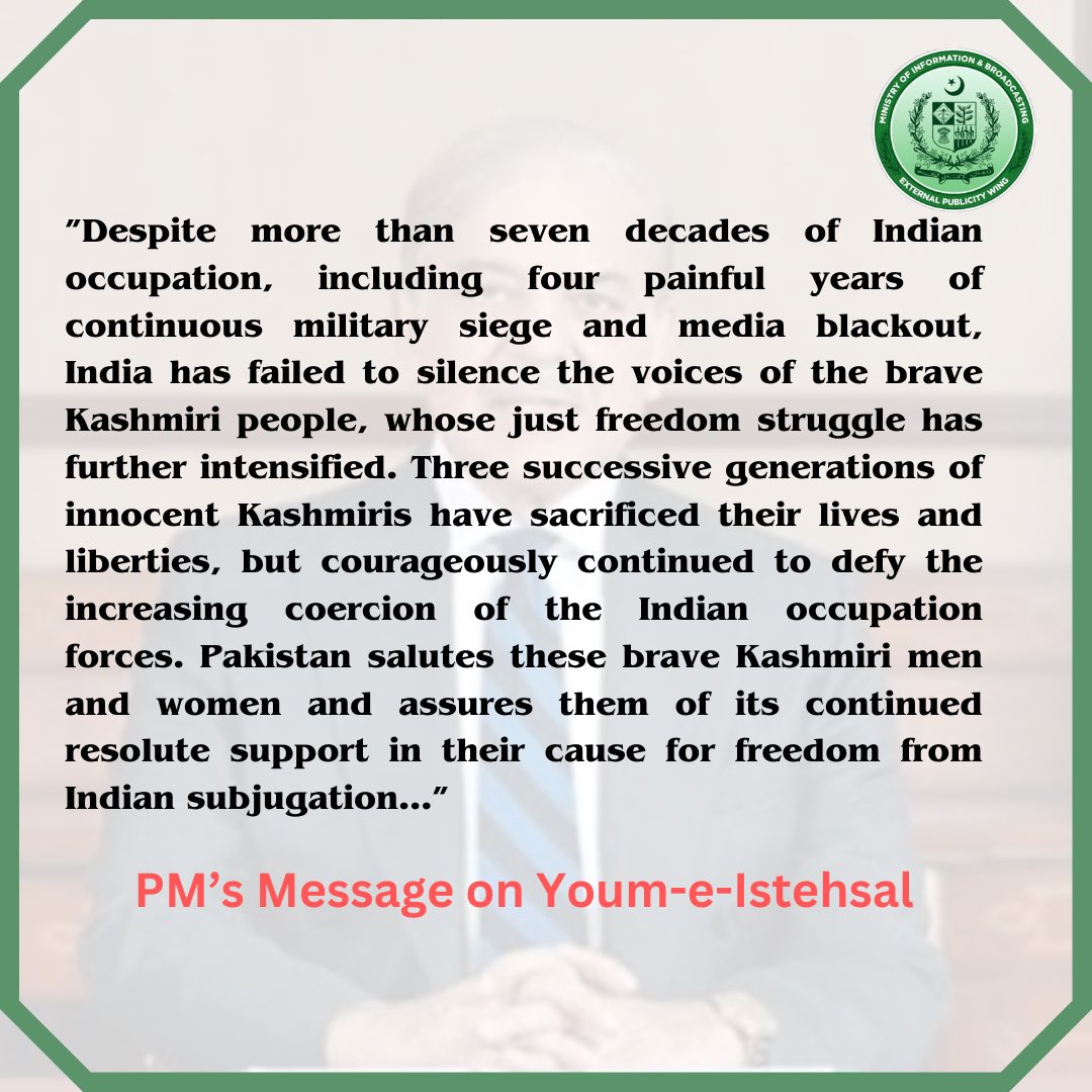 epwing_official's tweet photo. Prime Minister Muhammad Shehbaz Sharif’s Message on Youm-e-Istehsal
#5thAug #Kashmir #YoumEIstehsal https://t.co/F3jt3og9g9