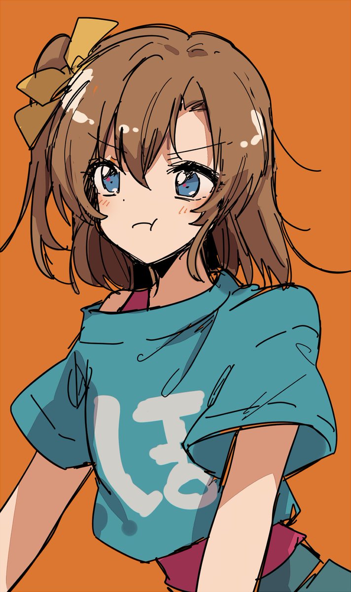 kousaka honoka 1girl solo blue eyes shirt one side up orange background simple background  illustration images