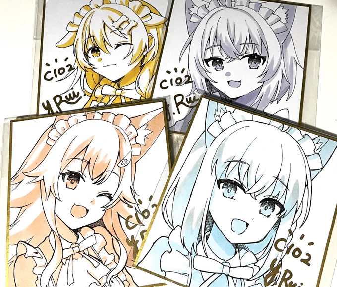 夏コミに持っていく色紙もできたよー  先着順、一点物、取り置き無し、です!  よろしくおねがいしますー!  #C102 #みおーん絵 #絵フブキ #できたてころね #絵かゆ
