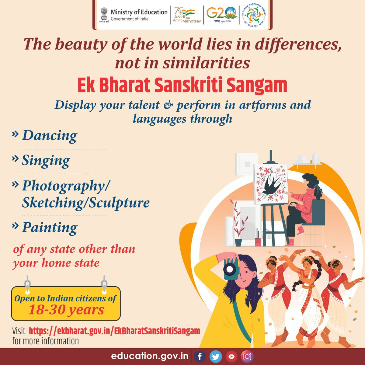 Calling all Indian youths of 18-30 years to unite and celebrate the vibrant tapestry of our nation! Participate in the Ek Bharat Sanskriti Samagam and win exciting prizes! Fabulous cash prizes for the winning entries! Unleash your creativity and astonish the world.
Hurry Up! Send