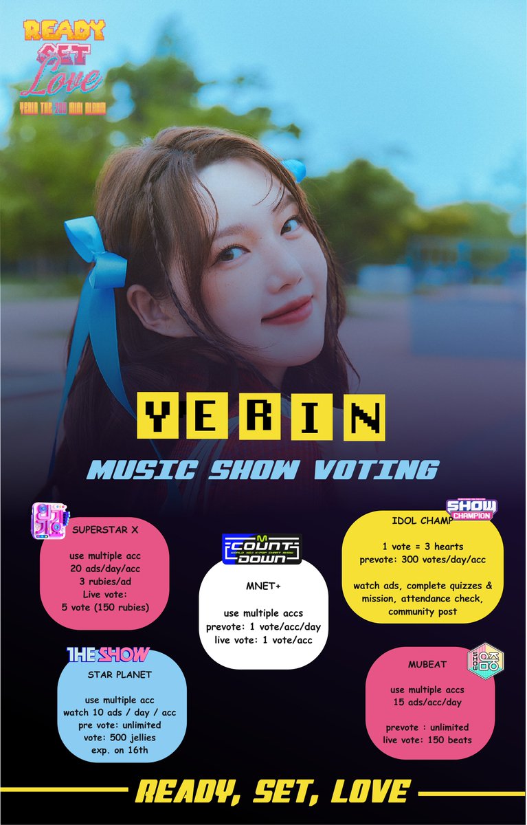 dailyyerin's tweet photo. [📣] 예린(YERIN) The 2nd Mini Album [Ready, Set, LOVE] MUSIC SHOW VOTING GUIDE

#예린 #YERIN #イェリン 
#Ready_Set_LOVE🕹 https://t.co/rJkB3PAHKt