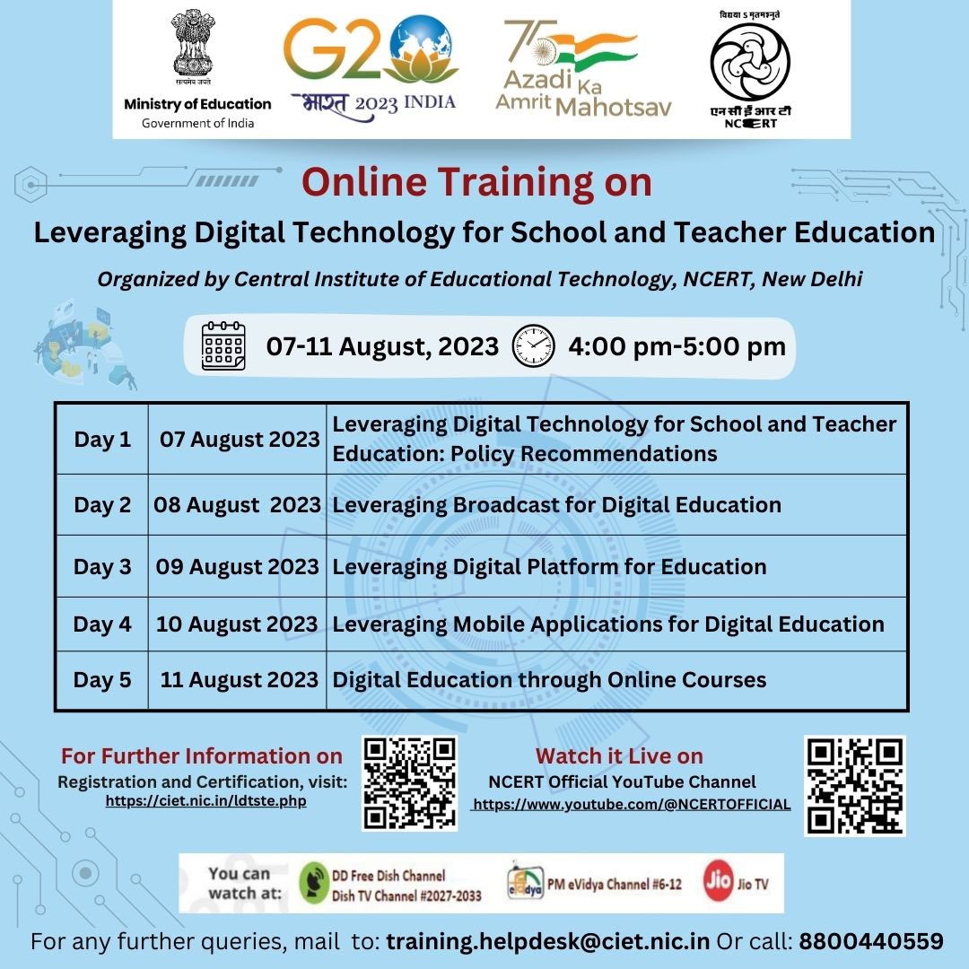 Online Training: For information on registration, participation &amp; certification visit- ciet.nic.in/ldtste.php

Join us for the online training on "Leveraging Digital Technology for School and Teacher Education" organized by CIET-NCERT during 07-11 August, 2023.